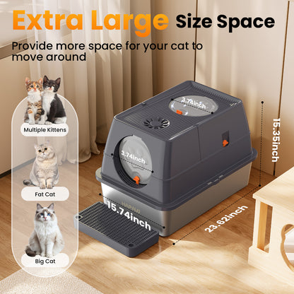 HAPAW Stainless Steel Litter Box with Lid, 135° Flip-Top Extra Large Cat Litter Pan, Enclosed Metal Litter Box with Litter Scoop & Filter Pedal, Anti-Leakage, Odor Free, Front & Top Dual Entry