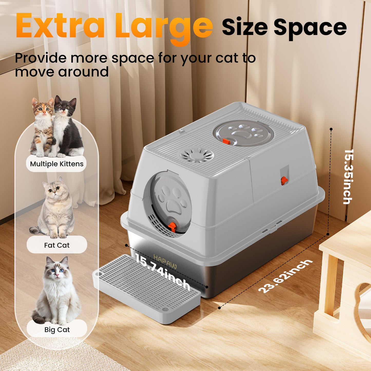 HAPAW Stainless Steel Litter Box with Lid, 135° Flip-Top Extra Large Cat Litter Pan, Enclosed Metal Litter Box with Litter Scoop & Filter Pedal, Anti-Leakage, Odor Free, Front & Top Dual Entry