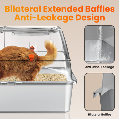 HAPAW Stainless Steel Litter Box with Lid, 135° Flip-Top Extra Large Cat Litter Pan, Enclosed Metal Litter Box with Litter Scoop & Filter Pedal, Anti-Leakage, Odor Free, Front & Top Dual Entry