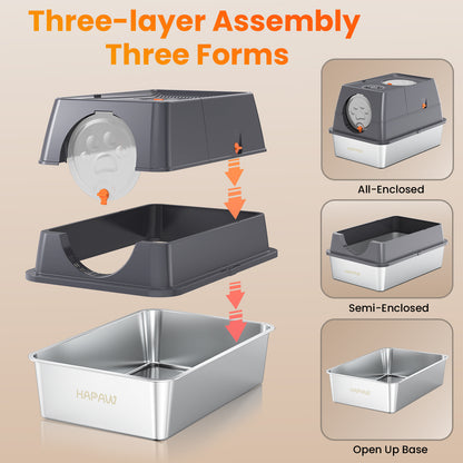 HAPAW Stainless Steel Litter Box with Lid, 135° Flip-Top Extra Large Cat Litter Pan, Enclosed Metal Litter Box with Litter Scoop & Filter Pedal, Anti-Leakage, Odor Free, Front & Top Dual Entry