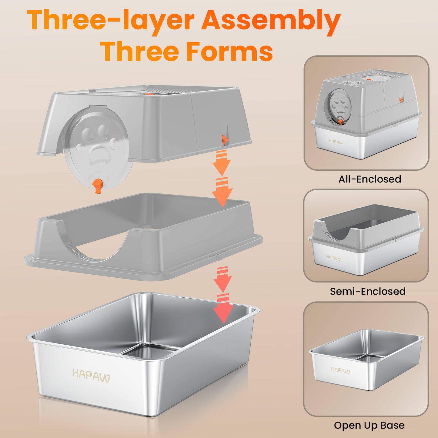 HAPAW Stainless Steel Litter Box with Lid, 135° Flip-Top Extra Large Cat Litter Pan, Enclosed Metal Litter Box with Litter Scoop & Filter Pedal, Anti-Leakage, Odor Free, Front & Top Dual Entry