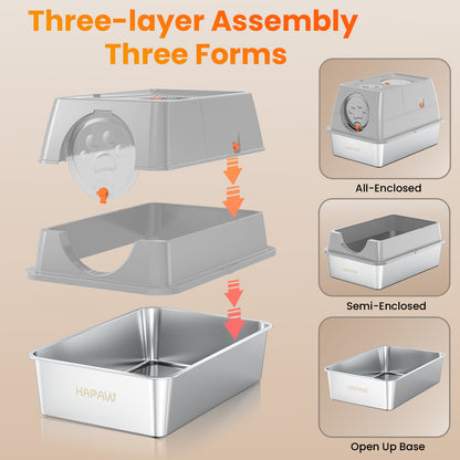 HAPAW Stainless Steel Litter Box with Lid, 135° Flip-Top Extra Large Cat Litter Pan, Enclosed Metal Litter Box with Litter Scoop & Filter Pedal, Anti-Leakage, Odor Free, Front & Top Dual Entry