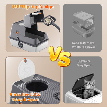 HAPAW Stainless Steel Litter Box with Lid, 135° Flip-Top Extra Large Cat Litter Pan, Enclosed Metal Litter Box with Litter Scoop & Filter Pedal, Anti-Leakage, Odor Free, Front & Top Dual Entry