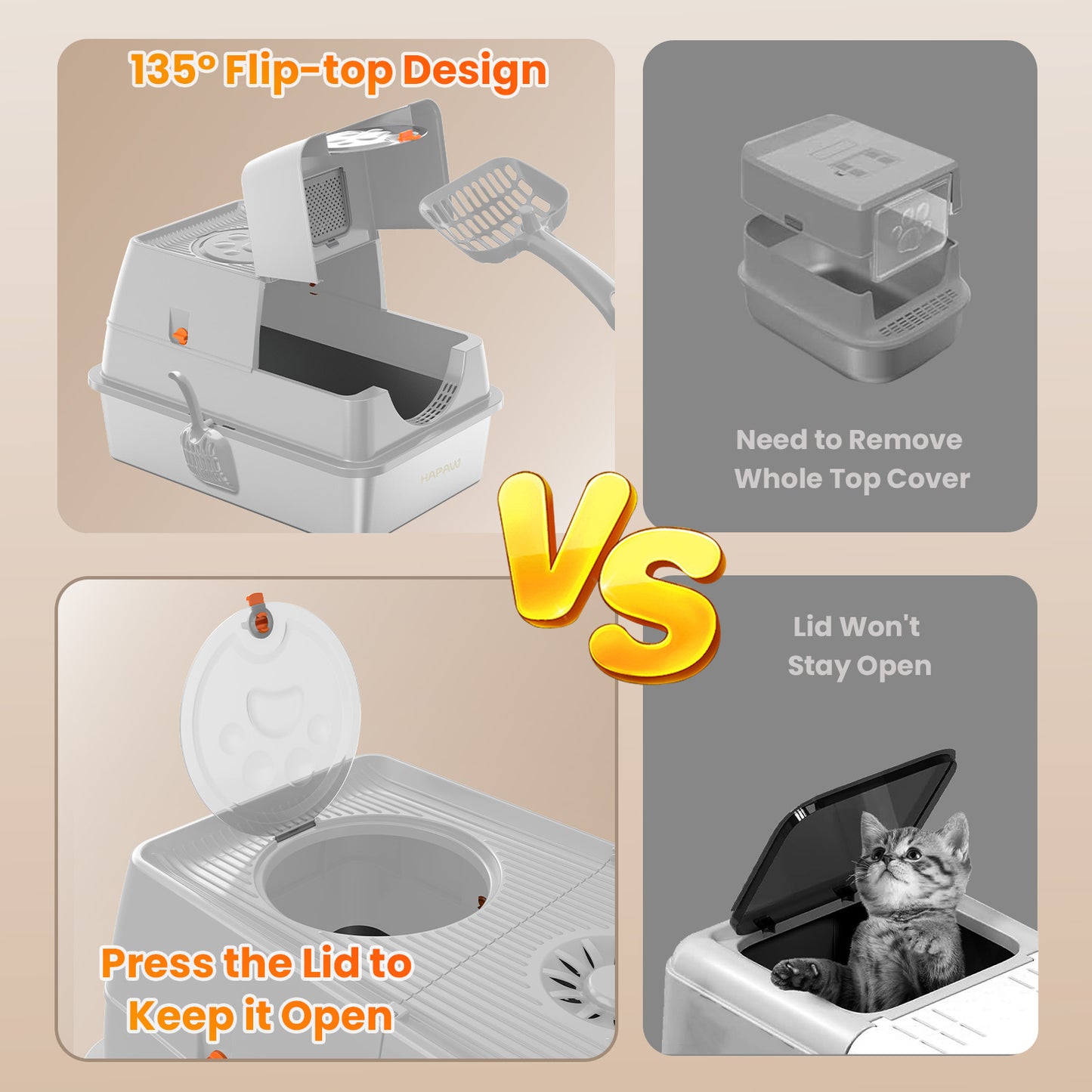 HAPAW Stainless Steel Litter Box with Lid, 135° Flip-Top Extra Large Cat Litter Pan, Enclosed Metal Litter Box with Litter Scoop & Filter Pedal, Anti-Leakage, Odor Free, Front & Top Dual Entry