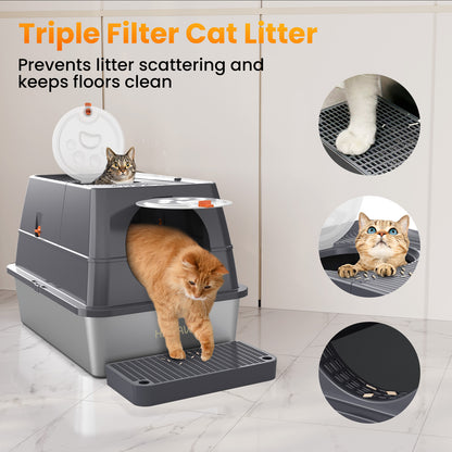 HAPAW Stainless Steel Litter Box with Lid, 135° Flip-Top Extra Large Cat Litter Pan, Enclosed Metal Litter Box with Litter Scoop & Filter Pedal, Anti-Leakage, Odor Free, Front & Top Dual Entry