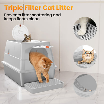 HAPAW Stainless Steel Litter Box with Lid, 135° Flip-Top Extra Large Cat Litter Pan, Enclosed Metal Litter Box with Litter Scoop & Filter Pedal, Anti-Leakage, Odor Free, Front & Top Dual Entry