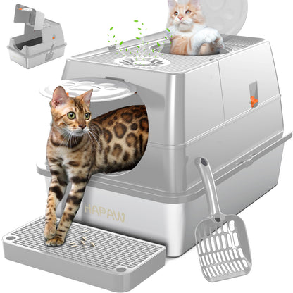 HAPAW Stainless Steel Litter Box with Lid, 135° Flip-Top Extra Large Cat Litter Pan, Enclosed Metal Litter Box with Litter Scoop & Filter Pedal, Anti-Leakage, Odor Free, Front & Top Dual Entry
