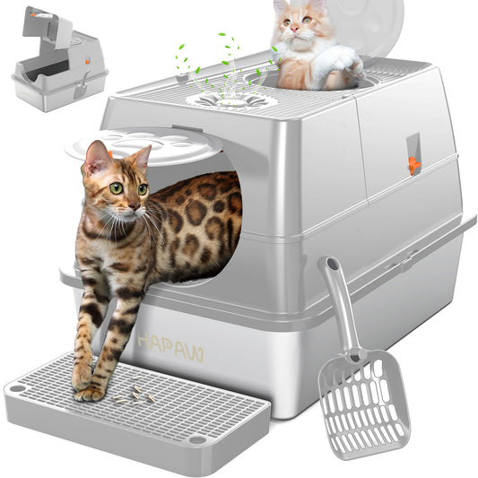 HAPAW Stainless Steel Litter Box with Lid, 135° Flip-Top Extra Large Cat Litter Pan, Enclosed Metal Litter Box with Litter Scoop & Filter Pedal, Anti-Leakage, Odor Free, Front & Top Dual Entry