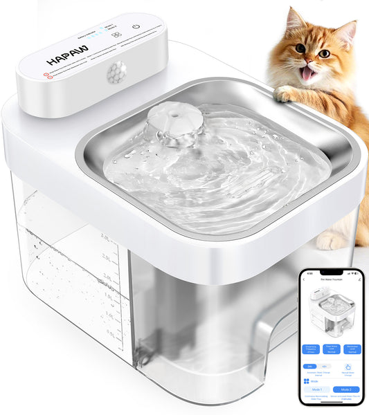 HAPAW Cat Water Fountain, App Monitoring Separated Clean & Waste Water Wireless Smart Pet Water Fountain, 5000mAh Battery & Plug-in Automatic Water Dispenser for Cats Indoor and 2.4G Wi-Fi, No Filter