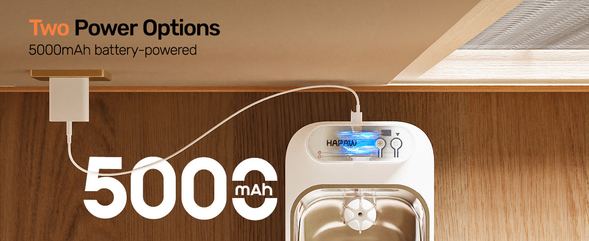 Hapaw pet water fountain with two power options and 5000mAh battery