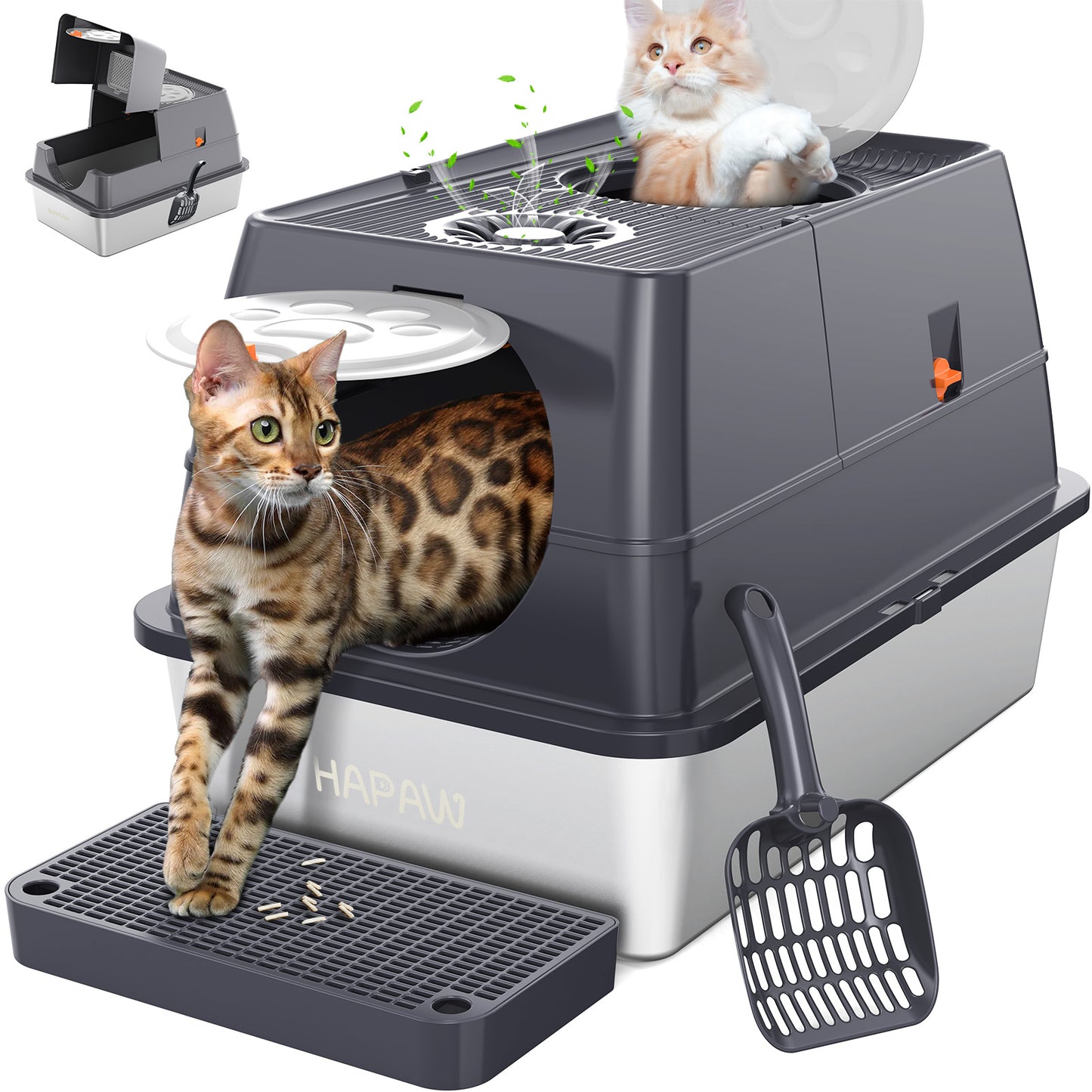 HAPAW Stainless Steel Litter Box with Lid, 135° Flip-Top Extra Large Cat Litter Pan, Enclosed Metal Litter Box with Litter Scoop & Filter Pedal, Anti-Leakage, Odor Free, Front & Top Dual Entry