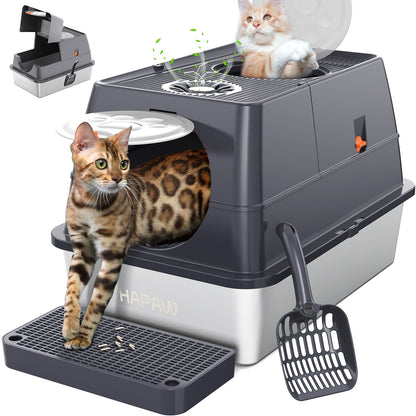 HAPAW Stainless Steel Litter Box with Lid, 135° Flip-Top Extra Large Cat Litter Pan, Enclosed Metal Litter Box with Litter Scoop & Filter Pedal, Anti-Leakage, Odor Free, Front & Top Dual Entry